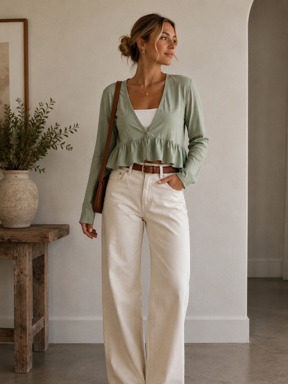 Urban Outfitters Sage Green Peplum Long Sleeve Top